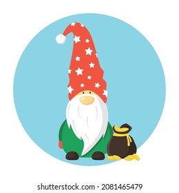 Dwarf with bag with gold coins. Cartoon dwarf with white long beard.Card with a fairy-tale character. Vector flat gnome in hat.
