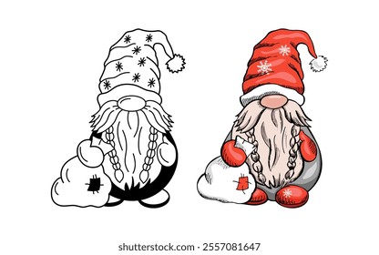 Dwarf with braids and sack in festive hat in doodle and colored hand-drawn style  