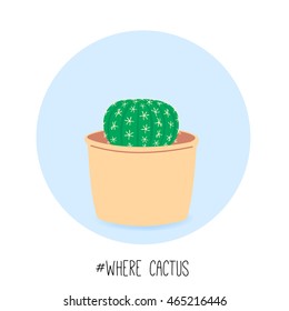 The dwarf cactus plant. Vector illustration. Houseplant in cute yellow pot on a round background. Exotic flora for interior decoration. Cartoon style.