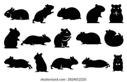 Dwarf Campbell Russian Hamster Silhouette Vector Set, Small Pet Animal Mascot Logo Icons and Poses Collection