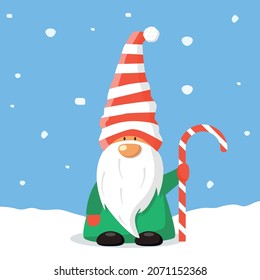 Dwarf with candy staff. Cartoon dwarf with white long beard. Chtistmas card with a fairy-tale character. Vector flat gnome in hat under a snowfall.