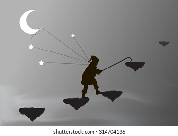 dwarf captures the moon and stars, dwarf on flying rock