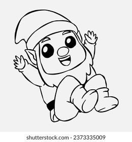 dwarf cartoon character with happy expression. gnome in a jumping pose. line art style. vector illustration.