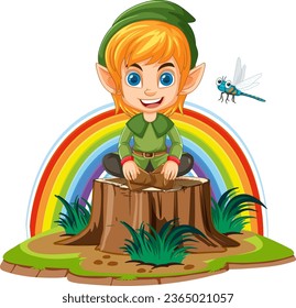 Dwarf cartoon sitting on three stump in fantasy world illustration