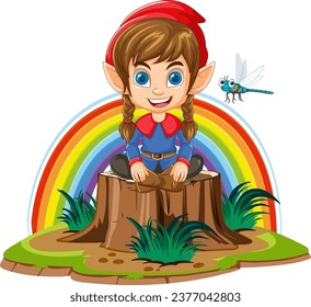 Caricatura enana sentada sobre tres trozos de ilustración del mundo de fantasía