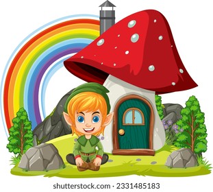 Caricatura enana frente a la casa de hongos en una ilustración del mundo de fantasía