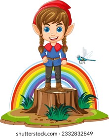 Dwarf cartoon standing on three stump in fantasy world illustration