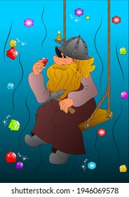 dwarf in a cave of gems, extracts multi-colored stones