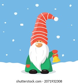 Dwarf with christmas bell. Cartoon dwarf with white long beard. Christmas card with a fairy-tale character. Vector flat gnome in hat under a snowfall.