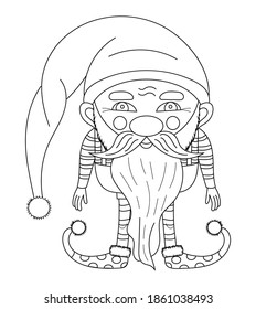 Dwarf coloring vector. Christmas, Santa's fairy helper illustration. Gnome in linear style for children's book coloring.