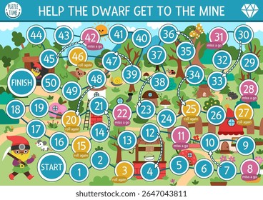 Dwarf dice board game for children with cute gnomes and magic land landscape. Fairytale boardgame with garden, mining, blacksmith elves, treasure, mine pit, houses and fantasy animal
