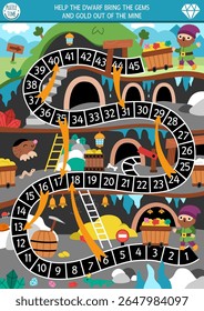 Dwarf dice board game for children with cute gnomes and underground mine landscape. Fairytale boardgame with goldmine tunnel in cave with railways, wagon with gemstones, lantern
