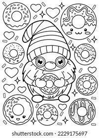 Dwarf with donuts. Coloring book for children. Gnome coloring book. Black and white vector illustration.