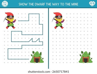 Dwarf drawing, writing, tracing, space orientation activity for kids with gnome miner going to work on mountain. Draw line in box according example. Preschool woodland printable game, puzzle
