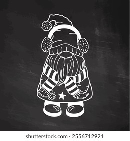 Dwarf in earmuffs and scarf with star on chalkboard