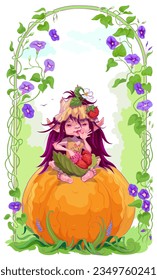 Dwarf elf forest spirit symbol nature eating strawberries. Vector cartoon illustration