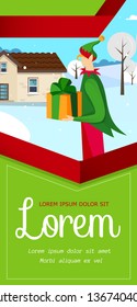 Dwarf or Elf Help Santa Claus to Deliver Gifts, Festive Flyer, Brochure or Poster Template for Holidays Season Offer. Invitation for Xmas Celebration. Cartoon Flat Vector Illustration. Vertical Banner