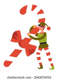 Dwarf or elf helper carrying big candy with stripe, xmas sweets and presents for winter holidays. Christmas and new year greeting, fantasy creature in traditional costume. Vector in flat style
