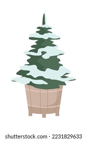 Dwarf evergreen tree in gardening pot semi flat color vector object. Editable item. Full sized element on white. Simple cartoon style illustration for web graphic design and animation