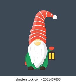Dwarf with flashlight. Cartoon dwarf with white long beard.Card with a fairy-tale character. Vector flat gnome in hat.