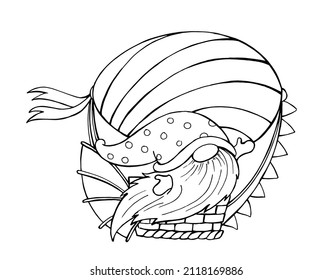 the dwarf is flying, in a balloon.  contour, vector illustration, in cartoon style, on an isolated background.