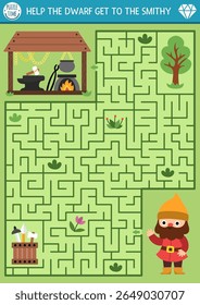 Dwarf geometrical maze for kids with blacksmith. Fairytale preschool printable activity with forge, tools, hammer, chains, anvil. Fantasy labyrinth game, puzzle. Help the gnome find way to smithy

