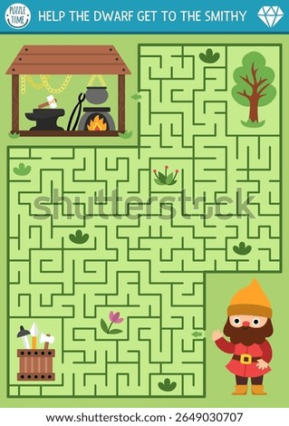 Dwarf geometrical maze for kids with blacksmith. Fairytale preschool printable activity with forge, tools, hammer, chains, anvil. Fantasy labyrinth game, puzzle. Help the gnome find way to smithy

