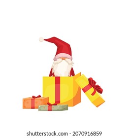 A dwarf in a gift box. The concept of Christmas. Vector cartoon illustration.