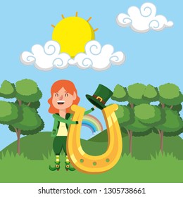 dwarf girl holding horseshoe outdoors