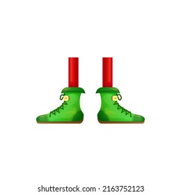 Dwarf, gnome or elf fairy legs isolated foot limbs elements. Vector elvish boots, carnival costume clothing. Spring fest holiday shoes design. Cute funny feet in red stocking, green shoes with laces