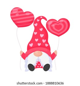 Dwarf or gnome holds pink heart balloons. For valentine's day greeting card