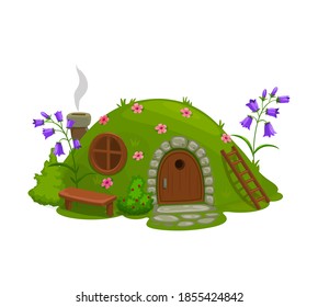 Dwarf or gnome house, fairytale dugout hut cartoon vector. Fairy or magic creature home in hill, covered grass and flowers hole, shack with wooden door, round window and bench on grass