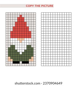 Dwarf, gnome, leprechaun, elf. Copy the picture. Coloring book. Educational game for kids. Vector illustration. Pixel art.