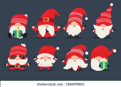 Dwarf gnomes wear red dresses and hats celebrating Christmas in winter.