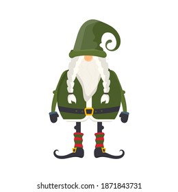 A dwarf in green clothes, with a long white beard and pigtails. Good for postcards and books. Vector.