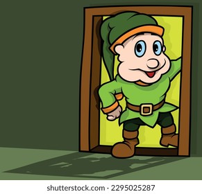 Dwarf in Green Clothes Standing in the Open Door - Colored Cartoon Illustration with Background, Vector