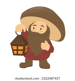 Dwarf with a hat in the form of a Mushroom. Vector fairy tale character illustration