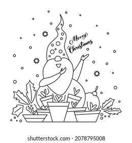 A dwarf with a hat and gift boxes and lettering. A Christmas gnome with a beard is holding a large gift in his hands. Doodle style outline drawing on a white background. Vector illustration.