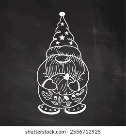 Dwarf holding pumpkin in hat with stars on chalkboard background