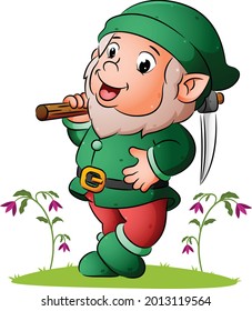 The dwarf is holding and shoulder the pick axe of illustration