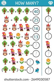 Dwarf how many game, equation or rebus. Magic forest or woodland math activity for school children. Simple printable counting worksheet for kids with gnome, owl, sunflower