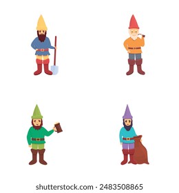 Dwarf icons set cartoon vector. Funny garden decoration gnome. Fairytale character