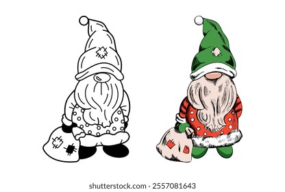 Dwarf illustration holding a patched sack with winter accents in doodle and colored hand-drawn style  	