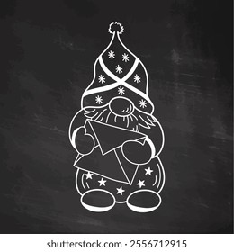 Dwarf with letter and starry hat on chalkboard background