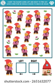 Jogo de lógica anão com conceito esquerdo e direito para crianças. Eu espiei buscando, contando atividade com gnome bonito procurando maneira de casa. Planilha de orientação de espaço imprimível de floresta mágica, quebra-cabeça