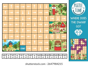 Dwarf logic maze for kids with gnome going to tower, house, garden, well. Fairytale preschool printable activity. Woodland magic labyrinth game, puzzle with left, right, up, down concept. Find route