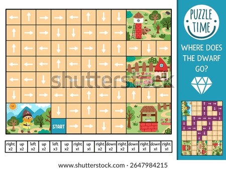 Dwarf logic maze for kids with gnome going to tower, house, garden, well. Fairytale preschool printable activity. Woodland magic labyrinth game, puzzle with left, right, up, down concept. Find route