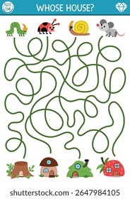 Dwarf maze for kids with animals and little woodland houses shaped as strawberry, mushroom. Gnome fairytale preschool printable activity with forest animals and home. Cute labyrinth game, puzzle
