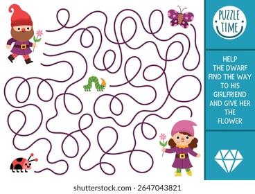 Dwarf maze for kids with cute elf, butterfly, ladybug. Fairytale preschool printable activity. Woodland fantasy labyrinth game, puzzle. Help gnome find way to his girlfriend and give her flower
