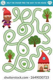 Dwarf maze for kids with cute elf, trees, home. Fairytale preschool printable activity. Woodland fantasy labyrinth game or puzzle. Help the gnome find the way to his house
